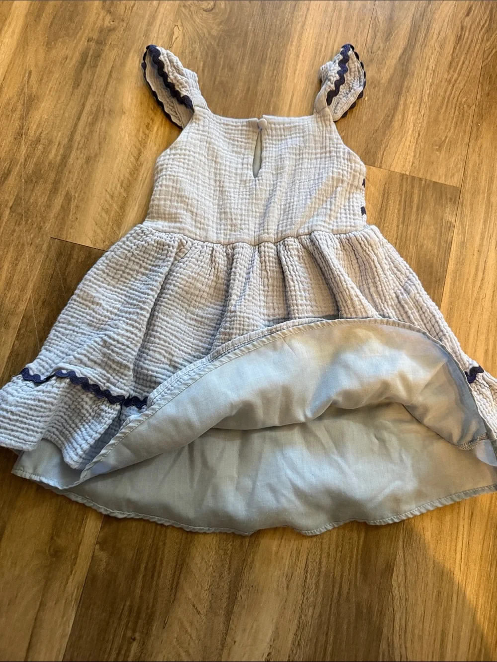 Girls' Light Blue Textured Sleeveless Dress with Navy Trim